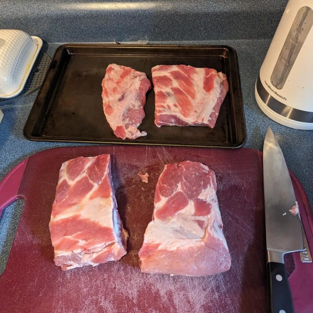 Hickory and cherry wood smoked ribs on the Kamado Jr.
