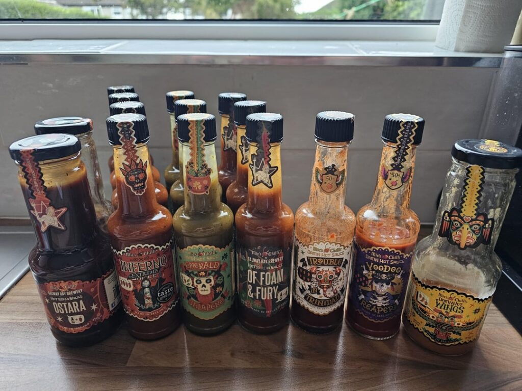 My array of hot sauces from Mic's Chilli!