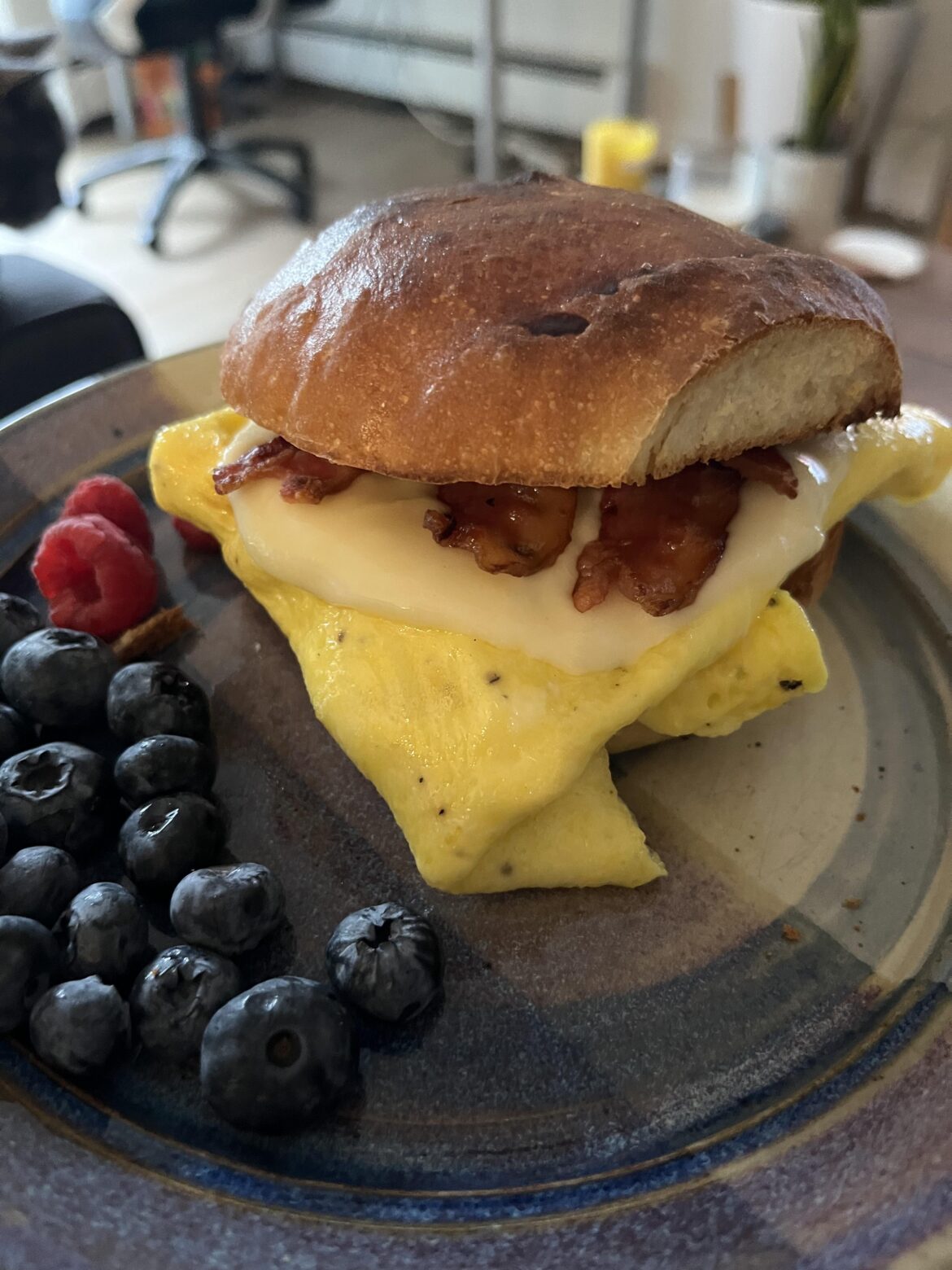 Breakfast Sandwich with Homemade Brioche Bun, Egg, Bacon, Provolone