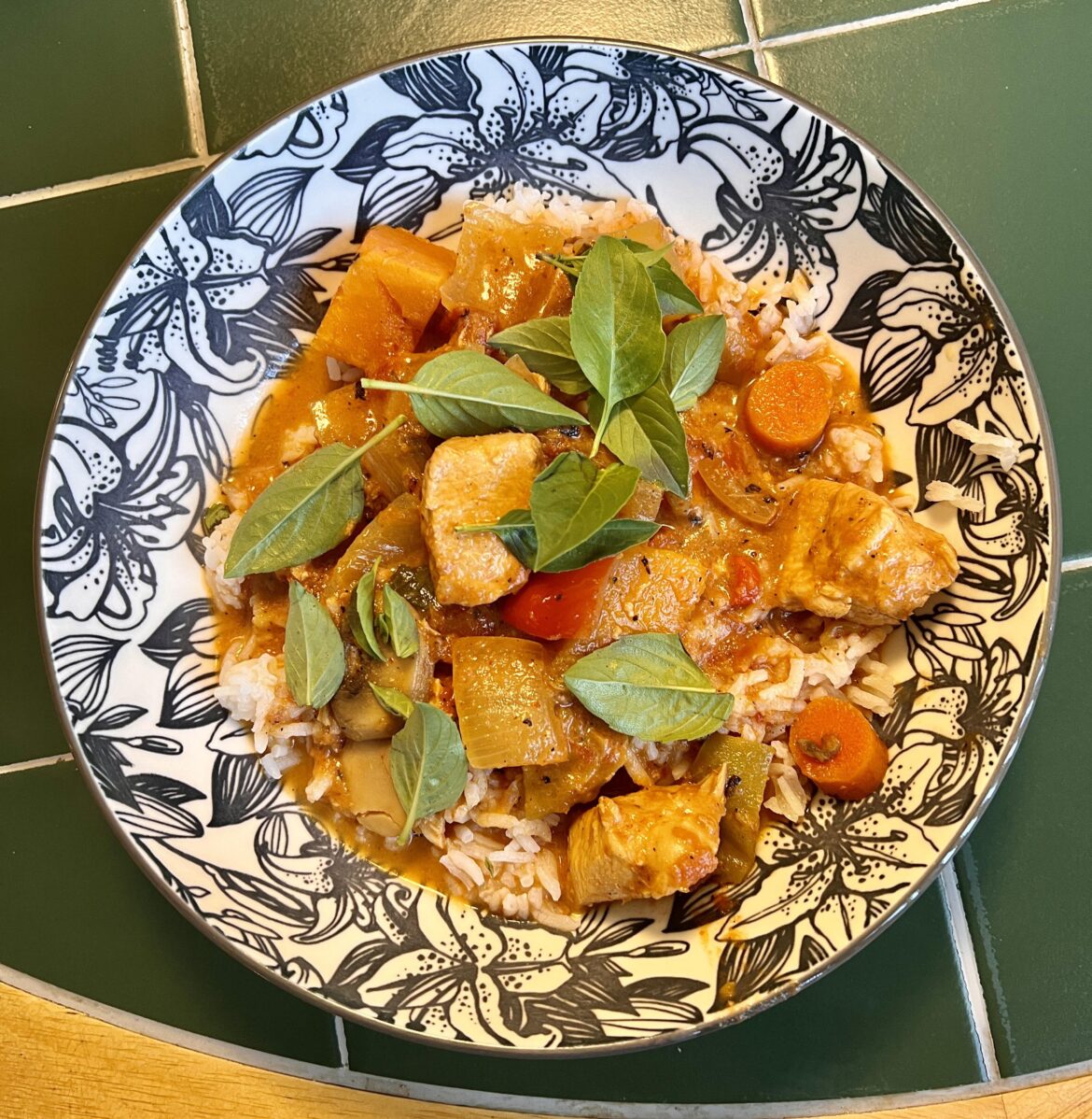 Thai curry with chicken, sweet potato, and veggies