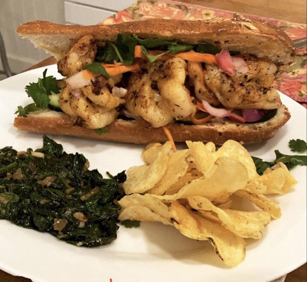 Shrimp Banh Mi w kale and chips