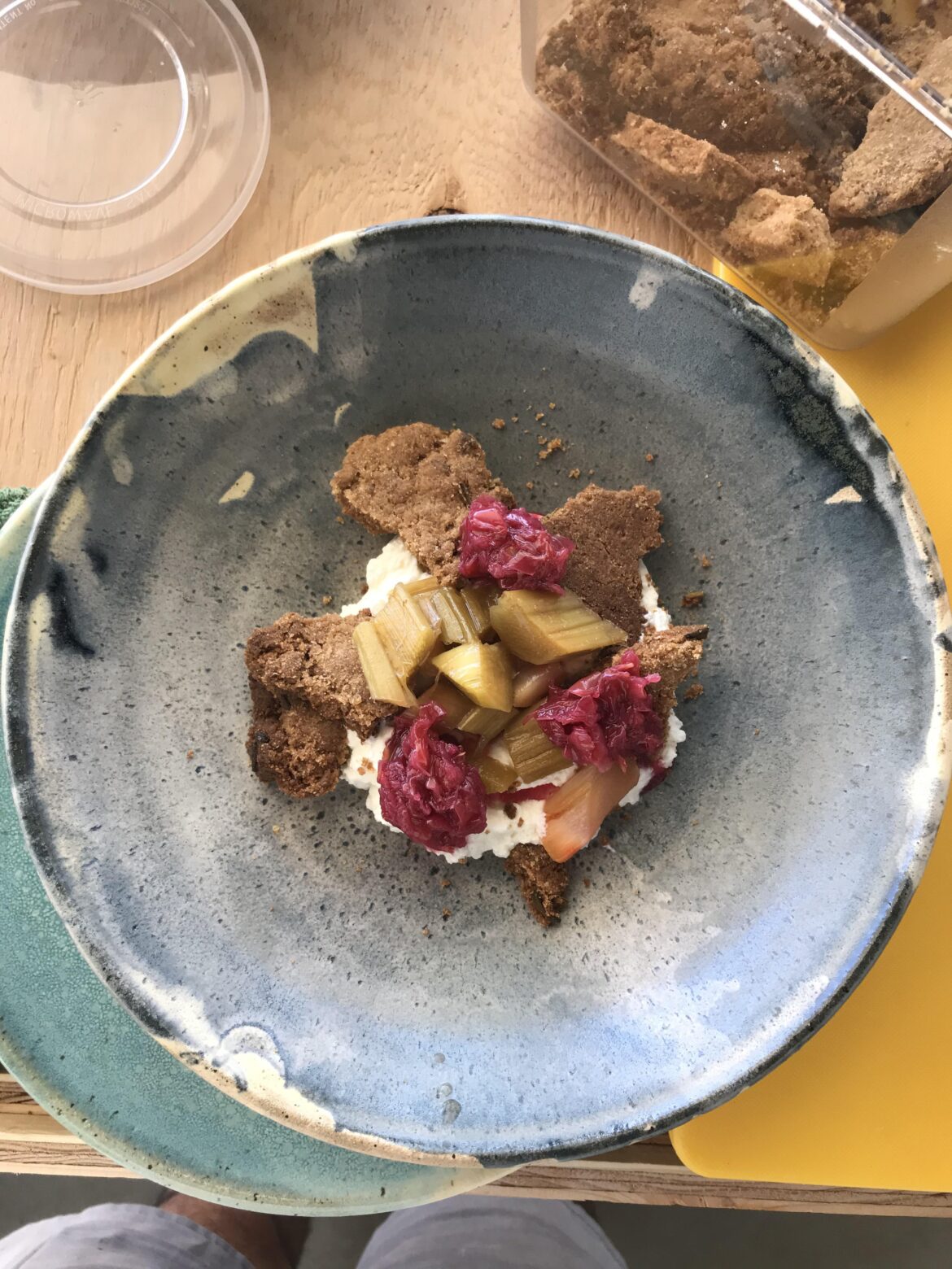 Whip coconut cream, rye rosemary crumble, poached rhubarb, rose jam