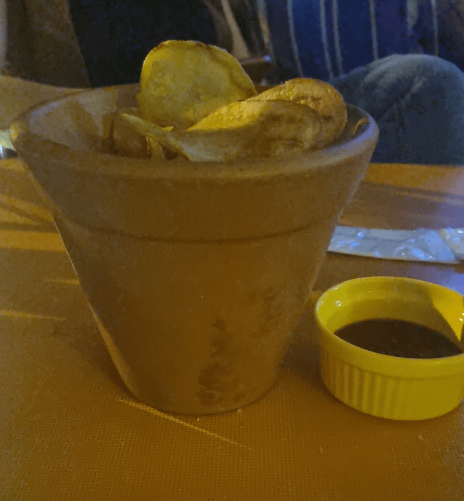 Chips served on a plant pot