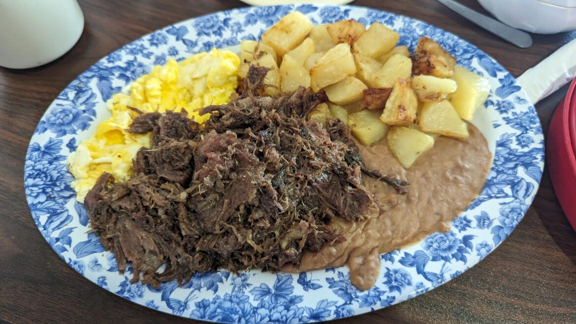 Shoutout to Vasquez Restaurant on Braker. This is the Vasquez Barbacoa Deluxe Plate.