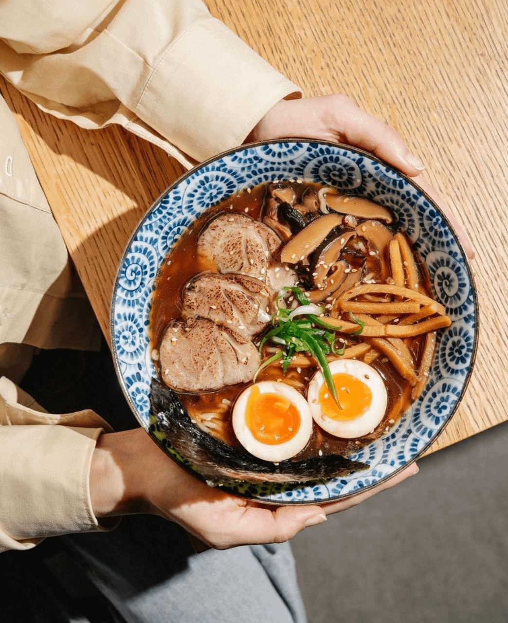 Ramen with pork, egg and bamboo shoots. Dining and Cooking