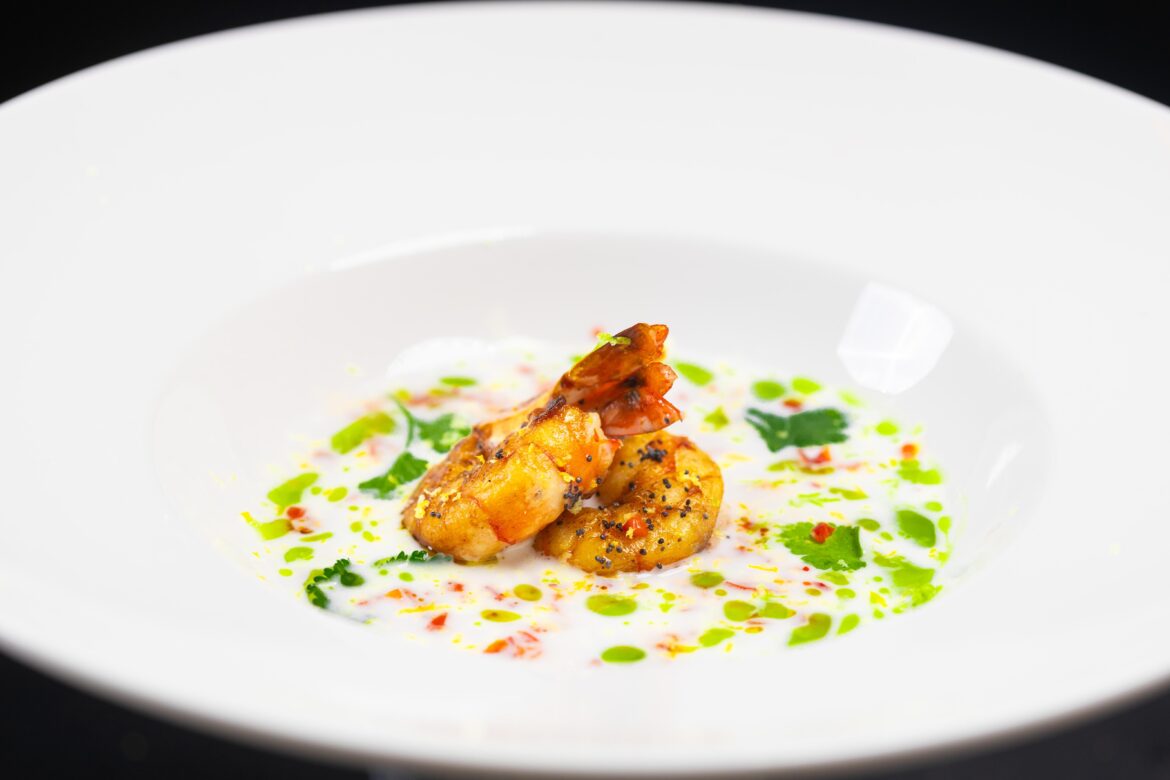 Prawn, coconut, lemongrass, chilli, coriander, wild garlic oil, lemon/lime zest