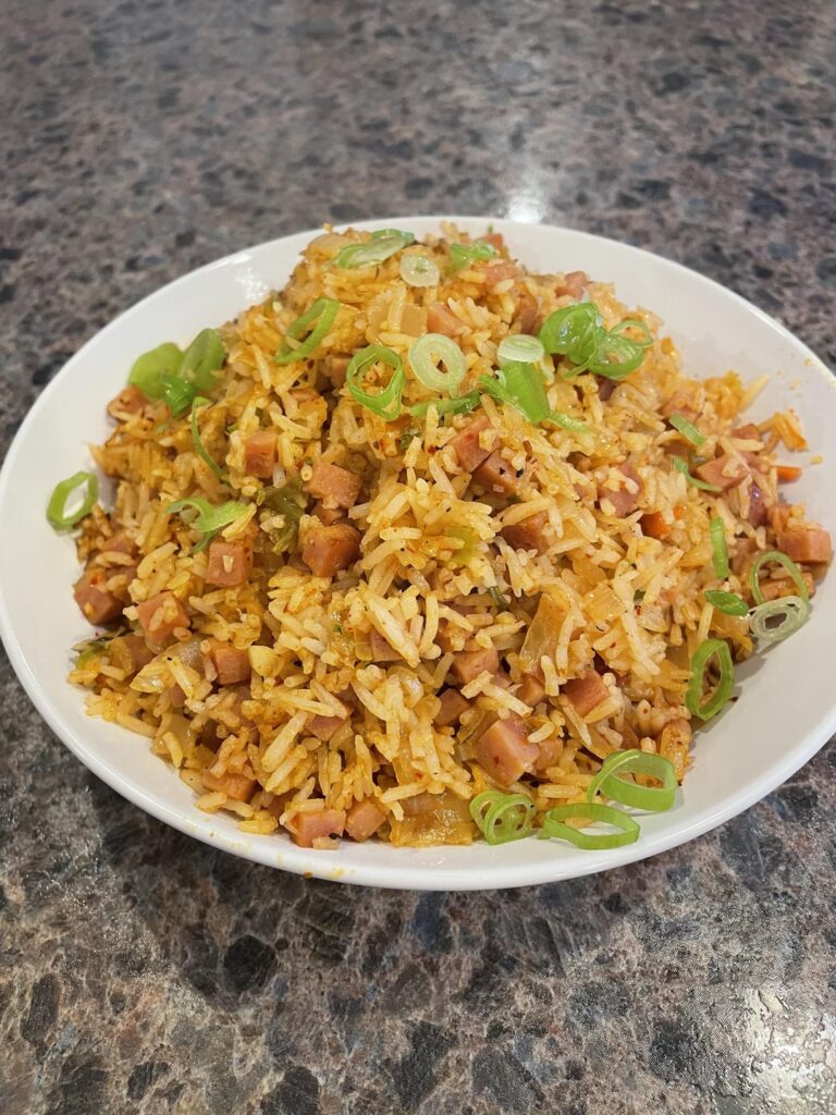 Kimchi and Spam fried rice, Really Fried eggs, and stir-fried kimchi pork from The Wok