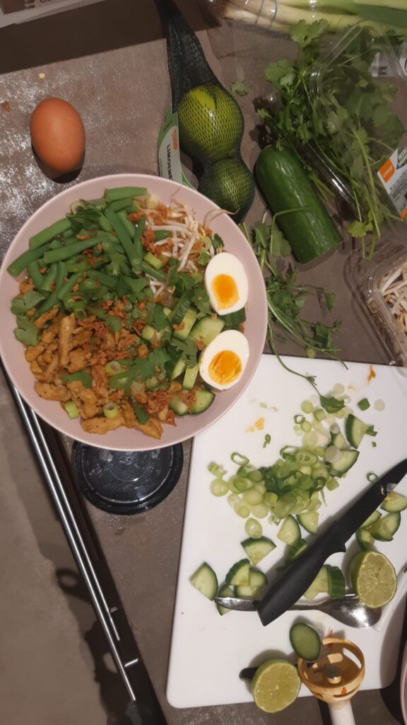 Ramen hidden underneath its toppings of green beans, beansprouts, cucumber, vegetarian chicken, an egg and topped of with some cilantro, spring onions, fried onions and lime.