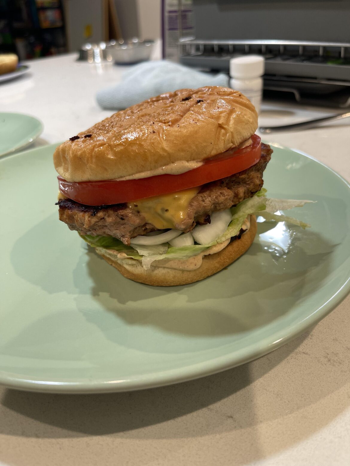 Turkey burger with a Smokey cottage cheese/ Greek yogurt based sawze