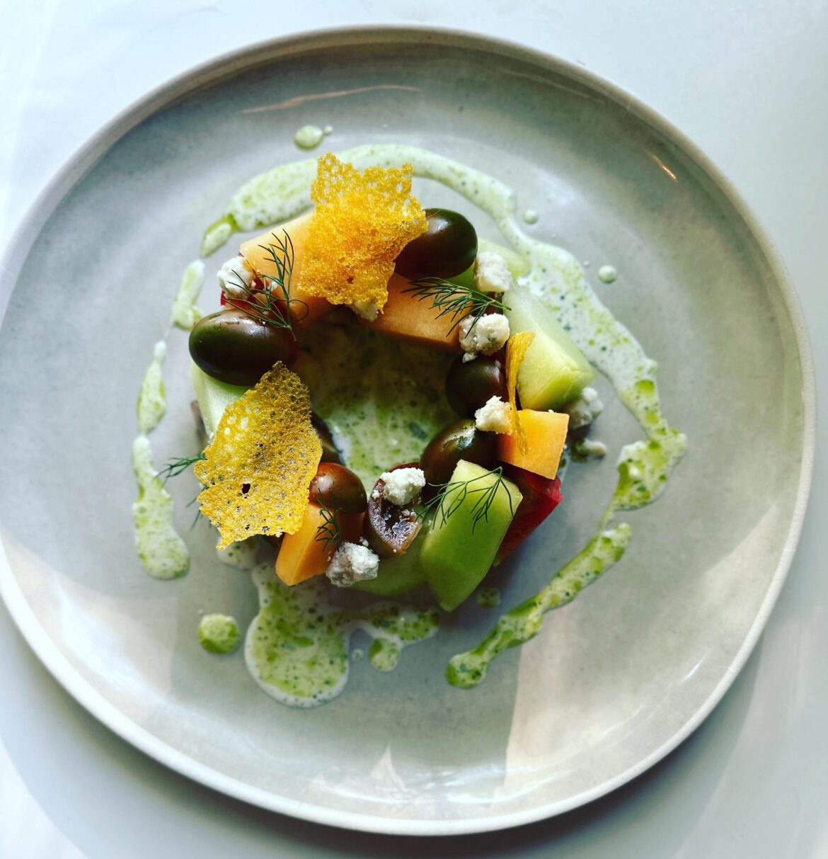 Tomato Melon Salad w/ Gorgonzola and dill mixed cream sauce