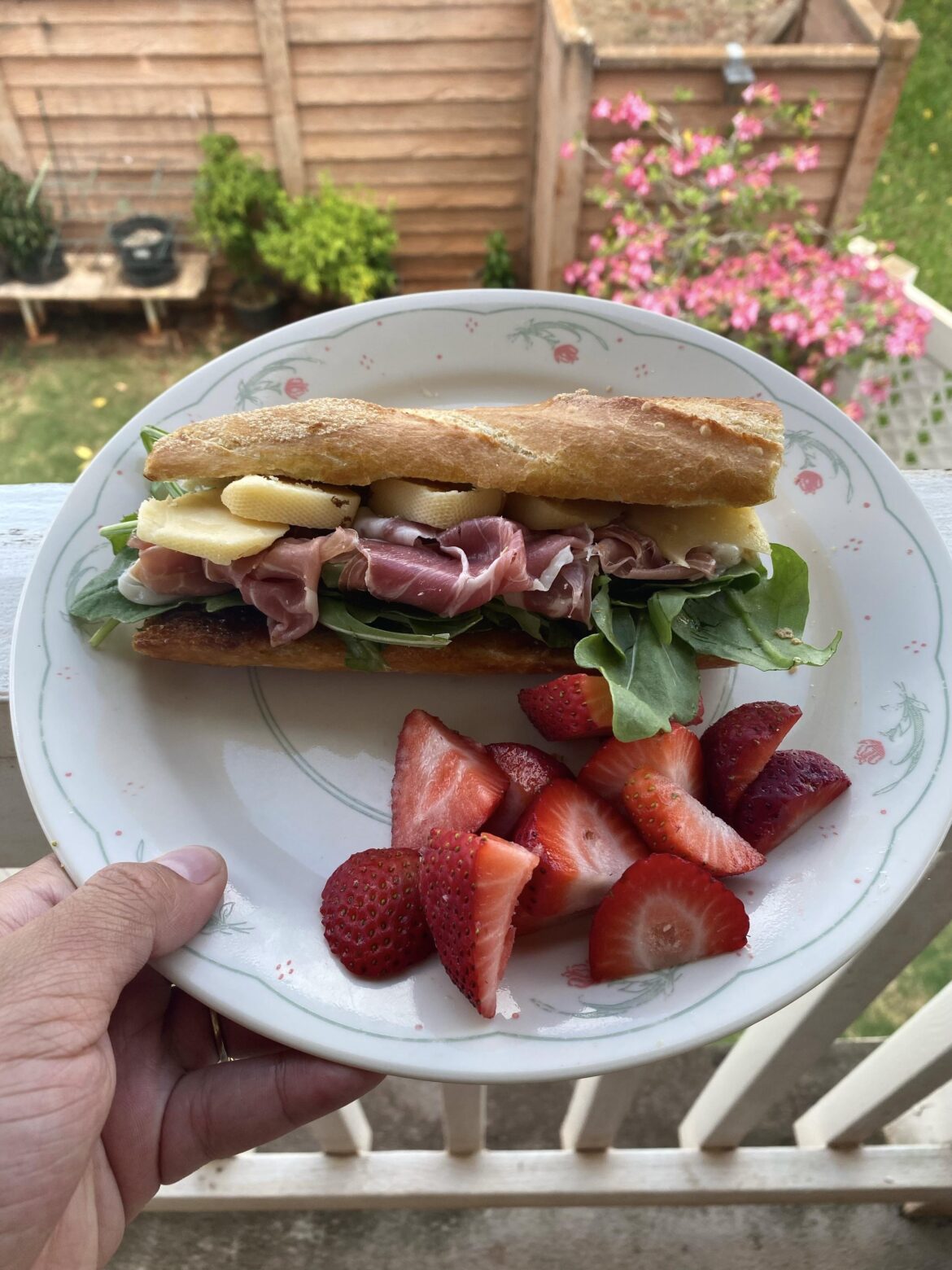 Baguette sandwich with fig spread, prosciutto di parma, smoked gouda and arugula