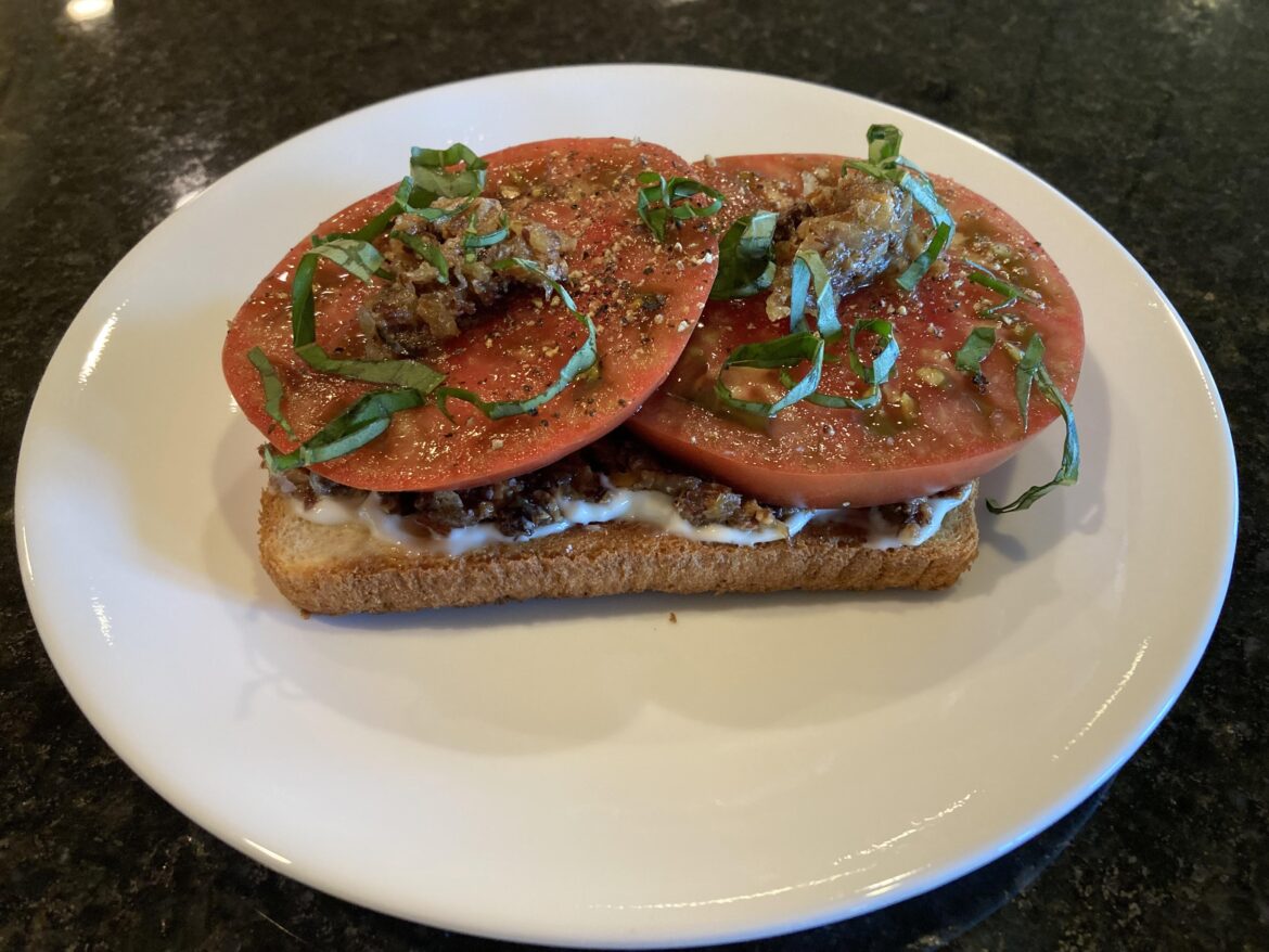 Kenji Inspired Tomato, Mayonnaise on Toast (TMT). Made with Home Grown Cherokee Purples and Homemade Bacon Onion Jam