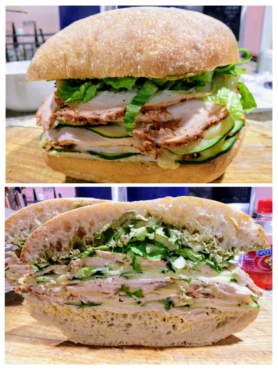 Turkey Deli Style Sandwich (homemade) - Cracked Pepper Mill Smoked Turkey, Ovengold Roasted Turkey, Monterey Jack Cheese, Spicy Mustard Aioli, Zucchini, Shredded Romaine Lettuce, and Carrot Top/Greens Pesto Sauce on Ciabatta Bread.