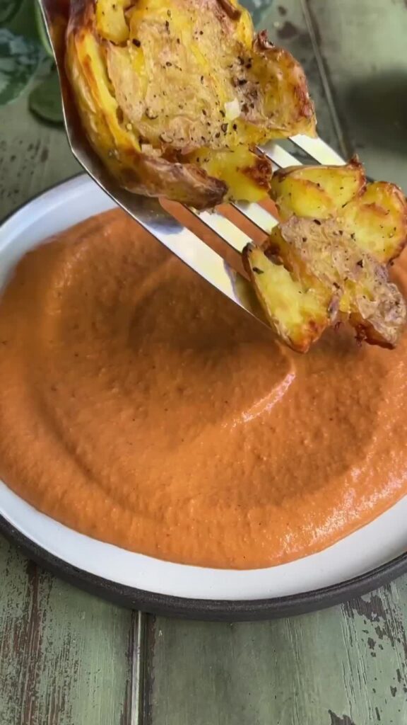 Smashed Potatoes with a Romesco Sauce