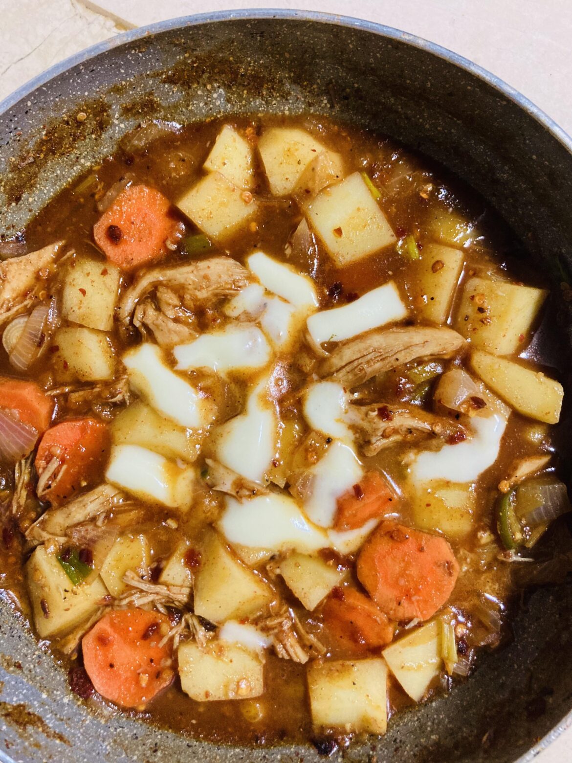 My first attempt at making Spicy Korean chicken stew Dakdoritang. I loved it so much!! 🌶️ Also I added little bit of cheese on top. 🤌🏼