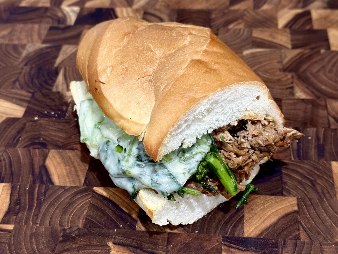 pulled, grill roasted pork w/broccoli rabe and provolone