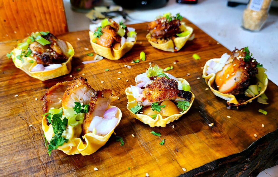 Crispy Pork Belly in Baked Dumpling Wrappers w/ Korean BBQ Sauce & Roasted Garlic