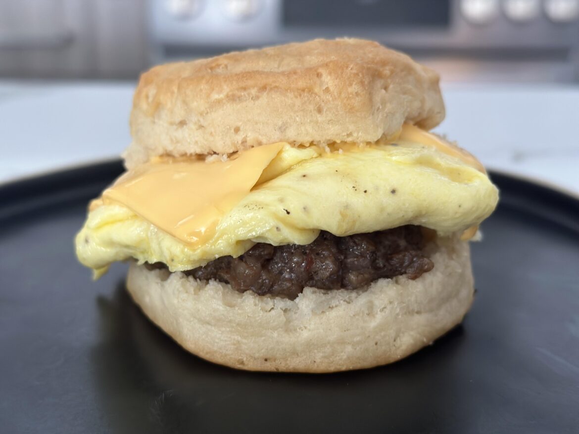 Sausage egg and cheese biscuit I made for breakfast
