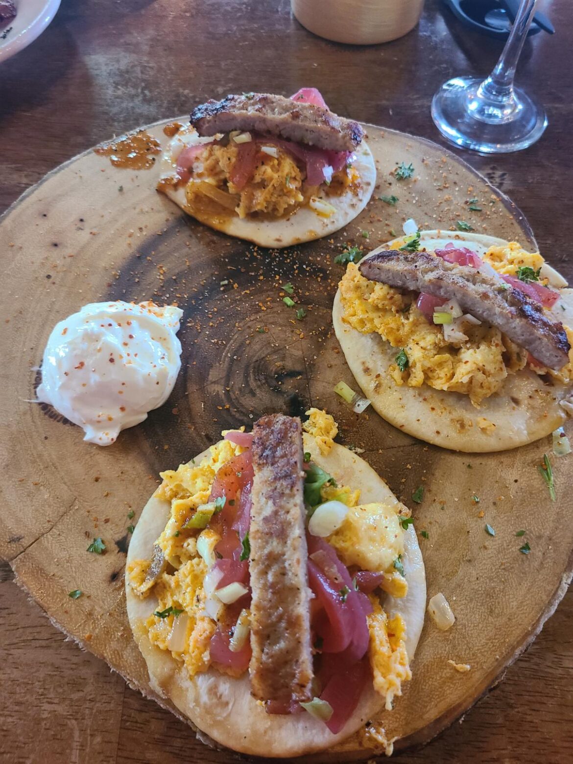Breakfast Tacos on a log.