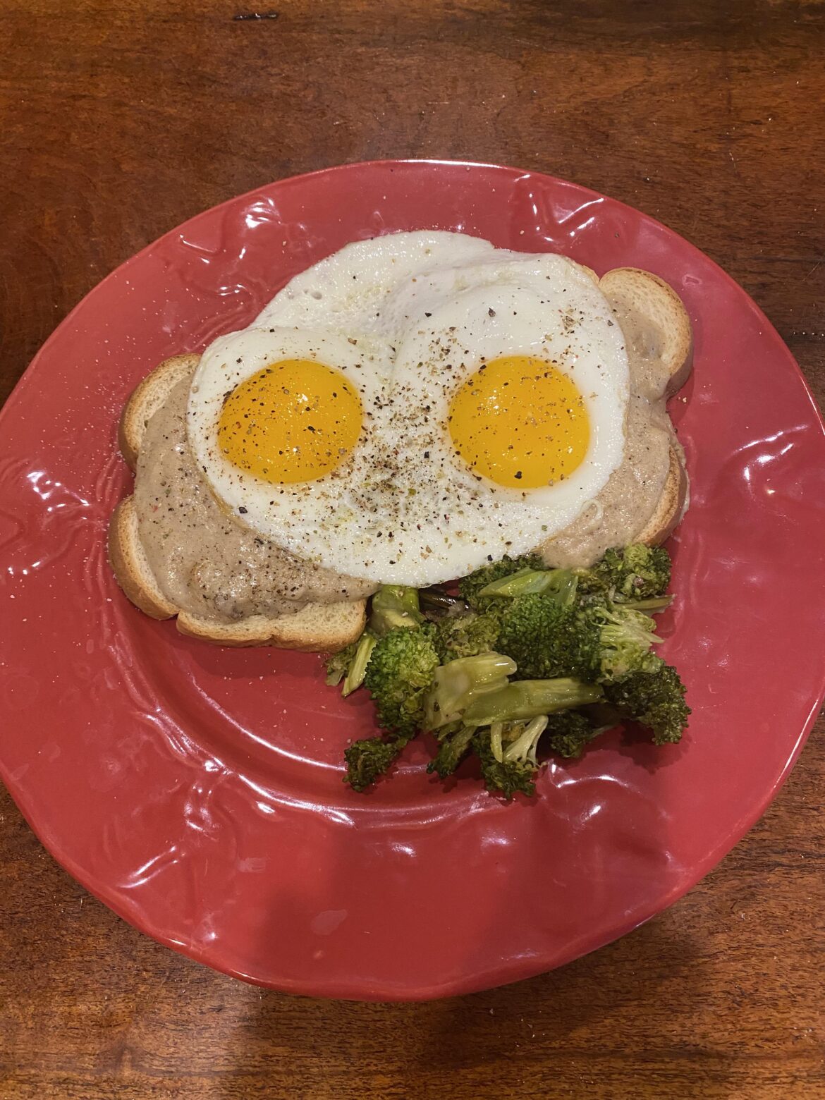 Toast, Gravy, Rare Eggs with Broccoli
