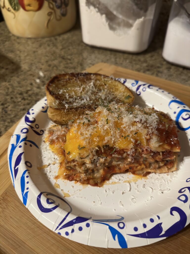 Lasagna with garlic bread