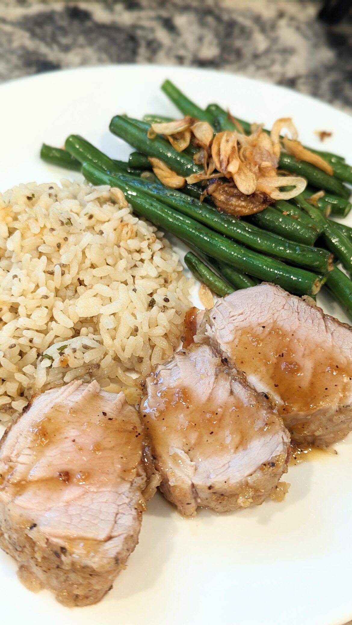 Maple glazed pork tenderloins (from The Food Lab), garlic green beans, and rice pilaf