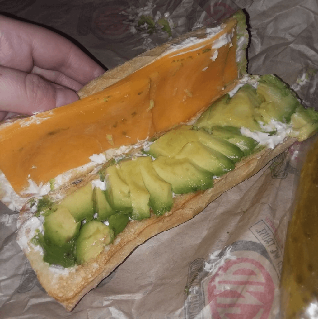Avocado, cream cheese, and Cheddar sub. (I'm vegetarian)