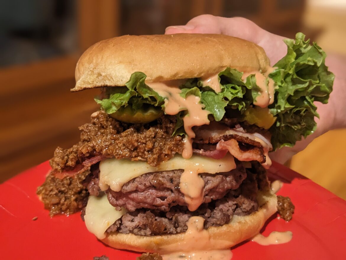 This triple decker chili burger my teenage son made after a cross country meet.