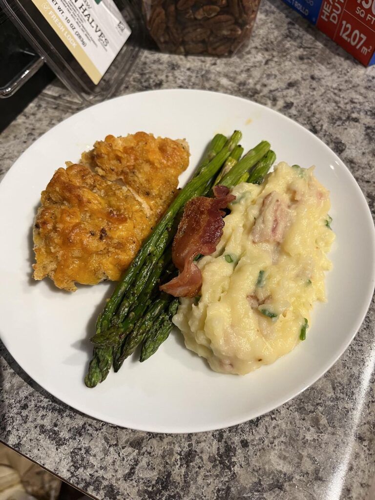 Cheddar Chicken with Roasted Asparagus & Loaded Mashed Potatoes