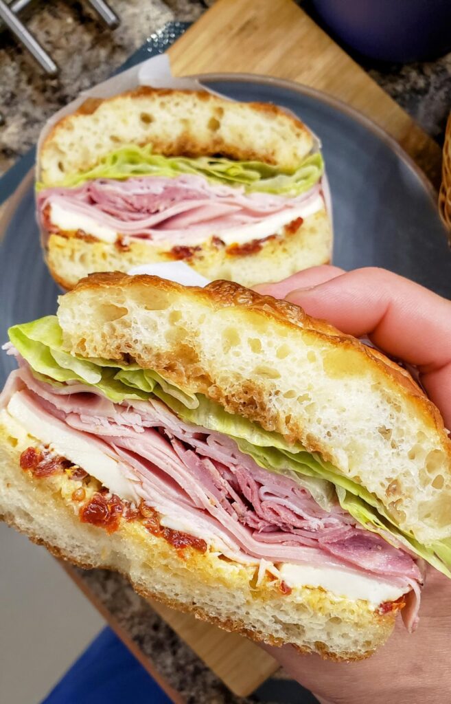 [Homemade] Cold Cuts & Focaccia - mortadella, prosciutto cotto, sweet capocolla, fresh mozza and lettuce with sun dried tomato mayo, balsamic glaze on fresh baked garlic butter focaccia.