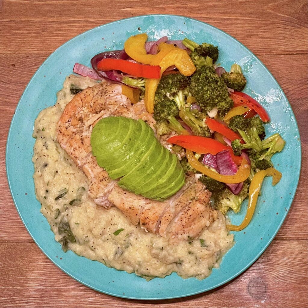 Roasted chicken and vegetables, poblano mashed potatoes