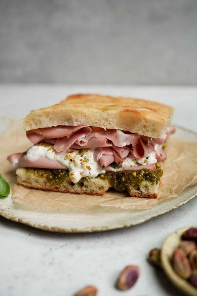 Mortadella sandwich with burrata and pesto sauce