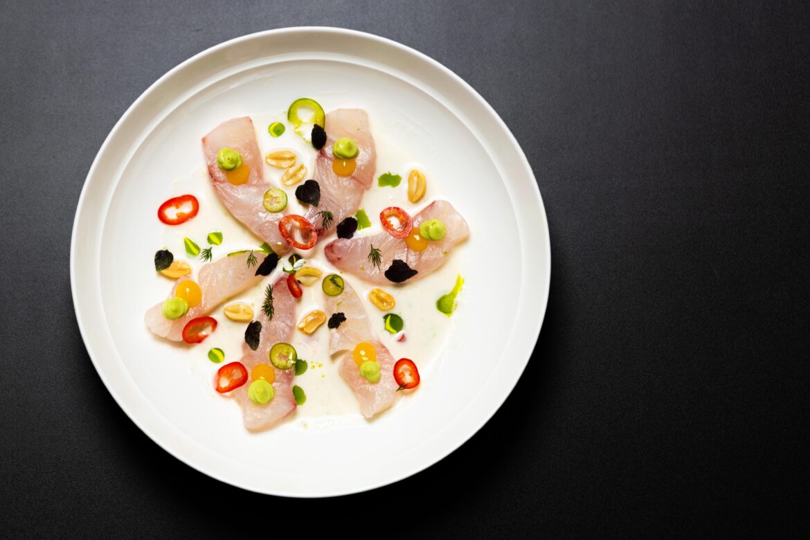 Snapper ceviche, coconut milk, lime, mango orange gel, avocado purée