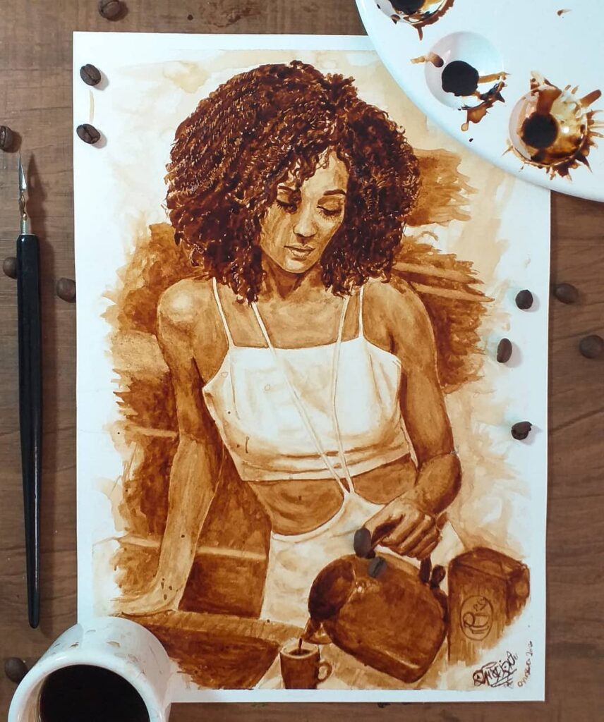 Hey!! This a painting I made using coffee ☕ serving coffee in a coffee shop. ❤️