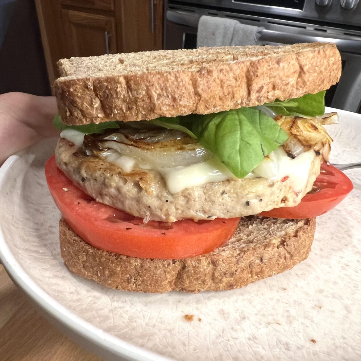 Chicken Patty, Cooper, Homegrown Tomatoes, Fried Onions, Basil