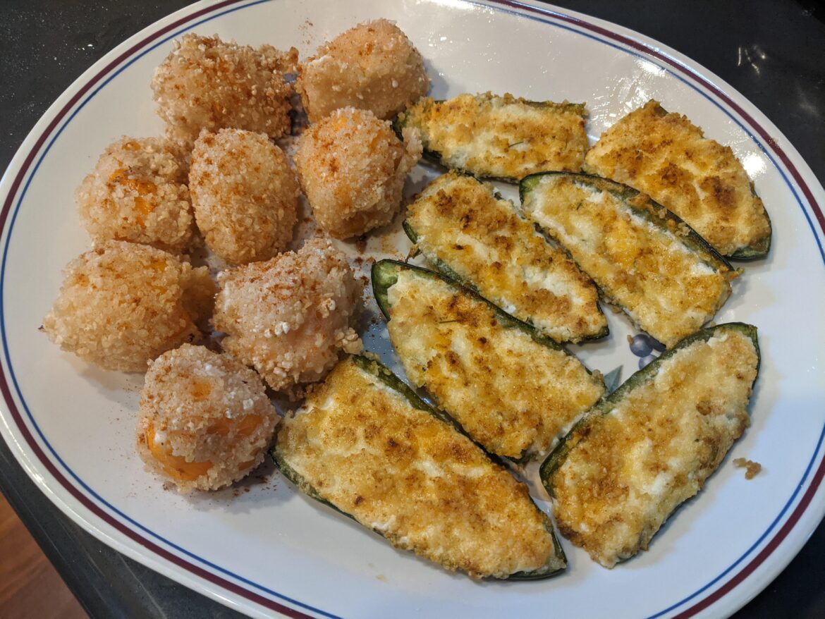 Game day snack - cream cheese stuffed Habanero and Jalapeno Poppers