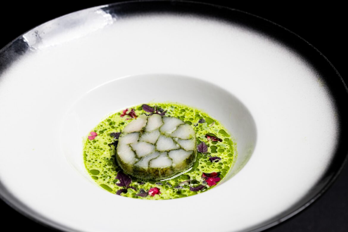 Snapper roulade, buttermilk and parsley sauce, dill lemon oil