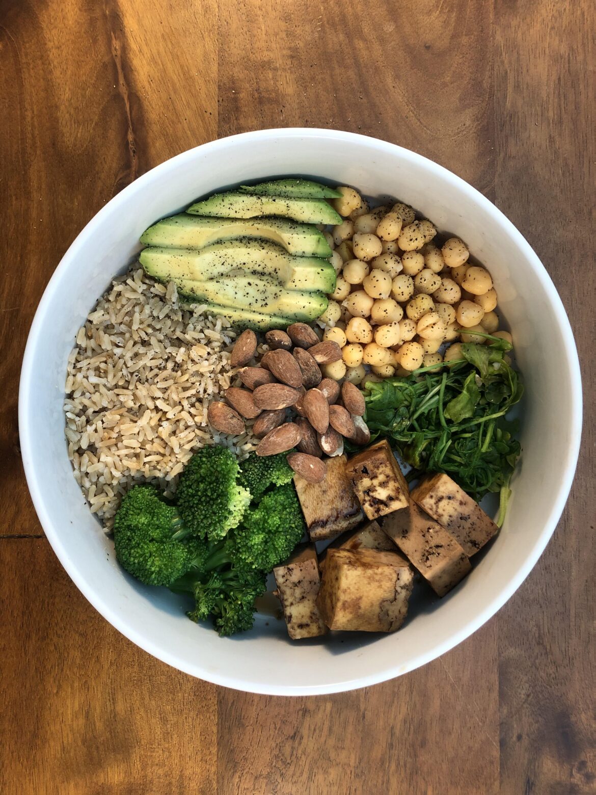 Buddha Bowl (Brown Rice, Chick Peas, Tofu with Soy, Broccoli, Arugula, Avocado, Almonds)