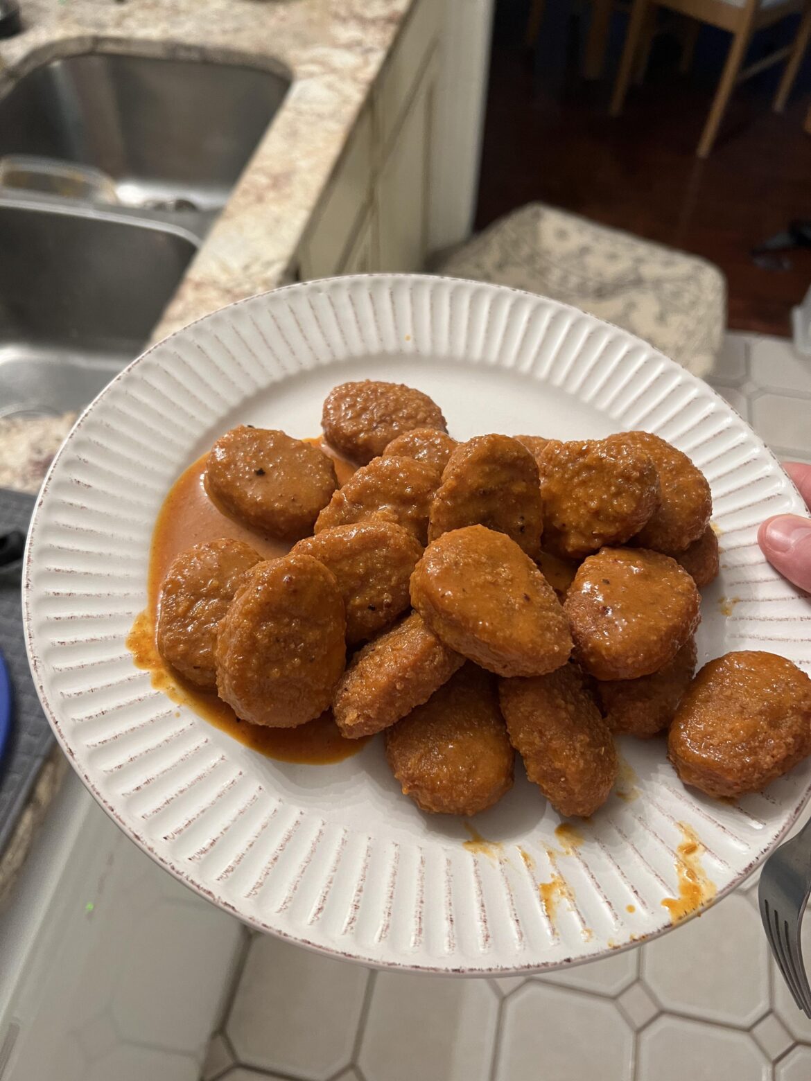 This could also go on r/shittyfoodporn. Veggie nugs with a buffalo sauce made from Valentina Black, Worcestershire, Butter, Tajin, and TJ Ghost Pepper Flakes.