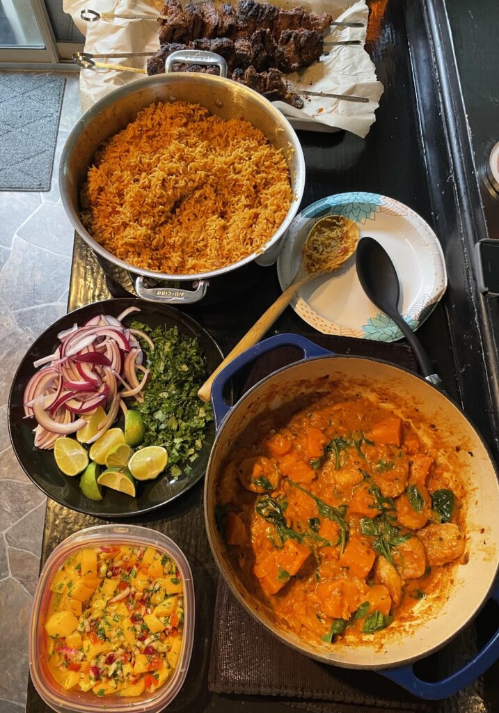 [Homemade] West African Dinner: Suya Kebabs with Jollof Rice, Sweet Potato Stew, and Mango Salad