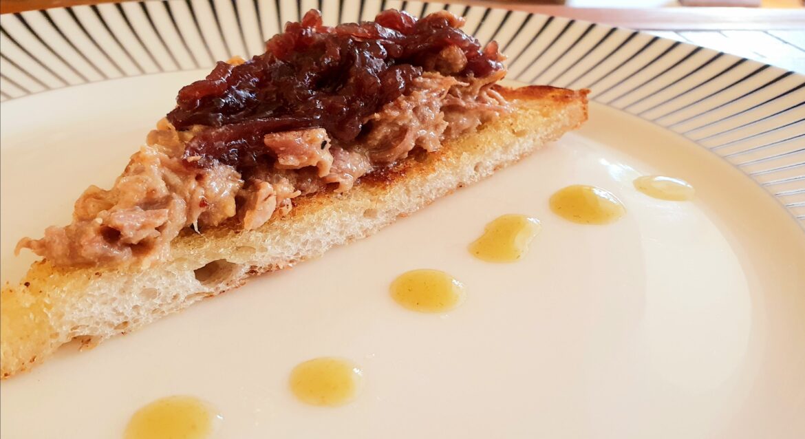 Wife and I made butter toasted sourdhough with duck liver rillettes, homemade red onion marmalade and some hot sauce to break through the richness