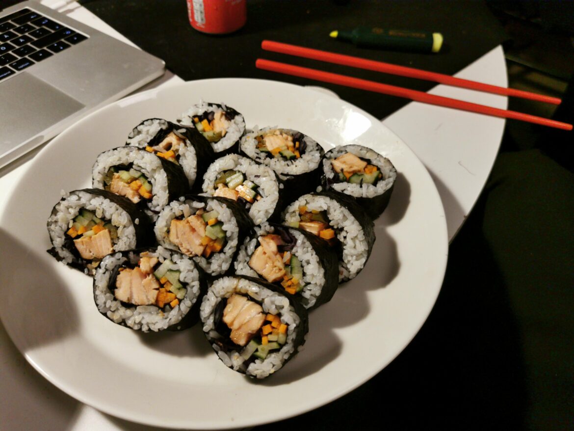 Second attempt at gimbap, with bulgogi salmon - any tips and tricks to make it even better?