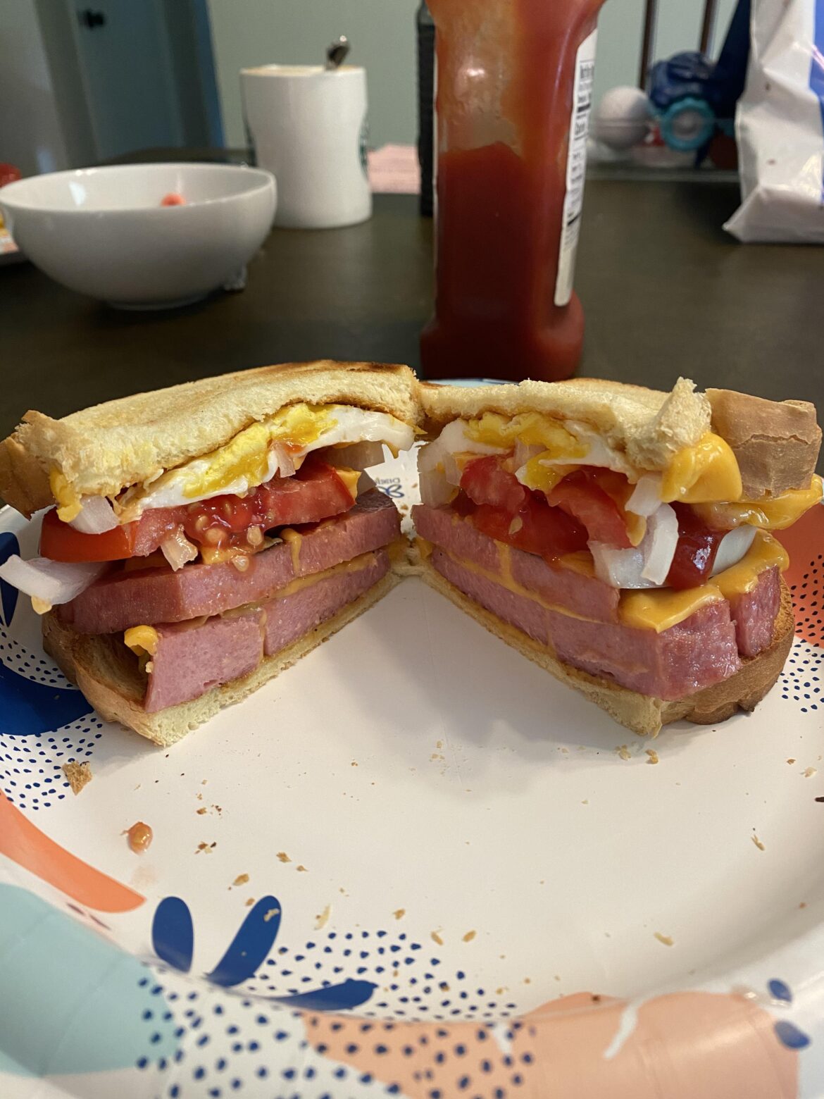 Trenton porkroll, egg and cheese with raw tomato, onion and ketchup.