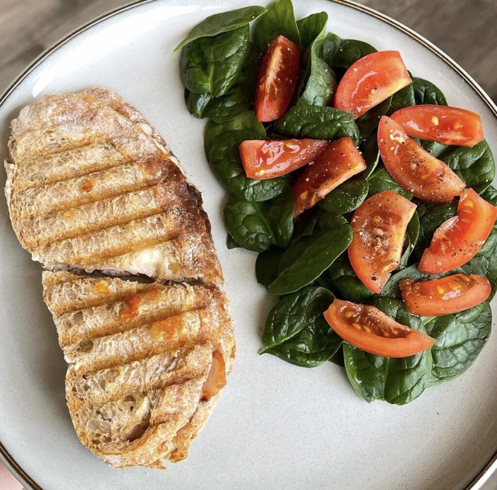 Today for lunch - cheese and chicken sedwich, plus spinach and cherry tomatoes.