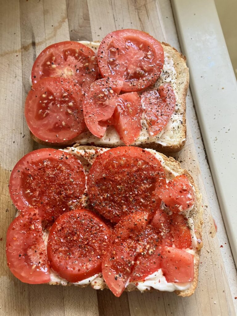 Tomato sandwich & tots, on the heel of the bread