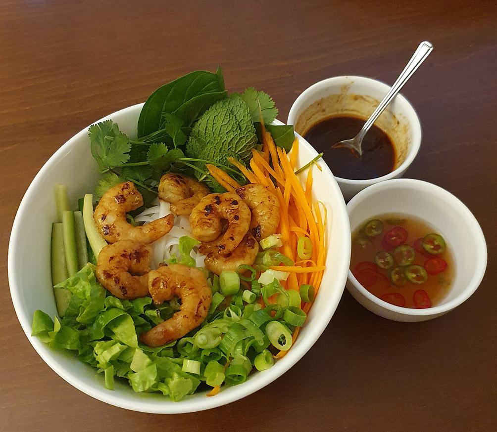VietnameseStyle Rice noodle Bowl with Shrimp, nuoc cham and hoisin