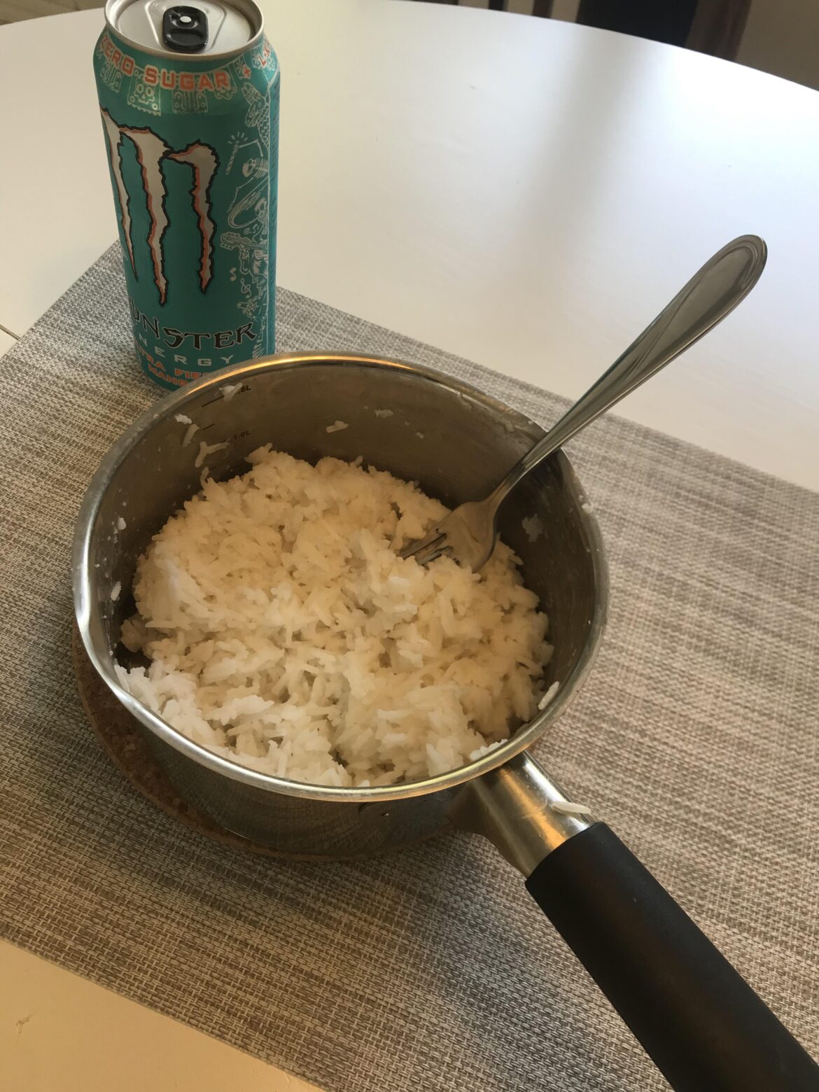 On my period and got the irresistible urge to eat a shit ton of rice straight from the pot, plus a monster. Yum.