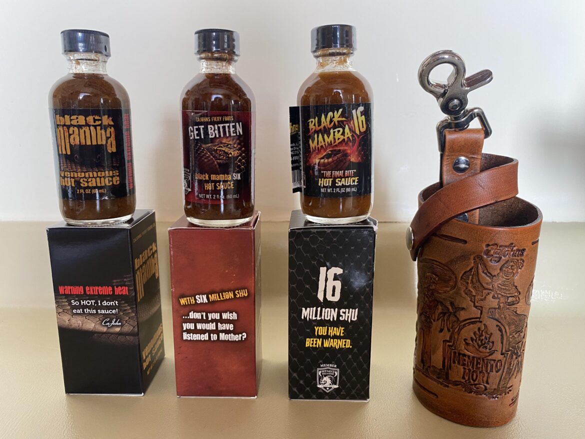 The CaJohn’s hot sauces and hot sauce holster I ordered finally arrived. See you on the other side, Friends. Wish me luck.