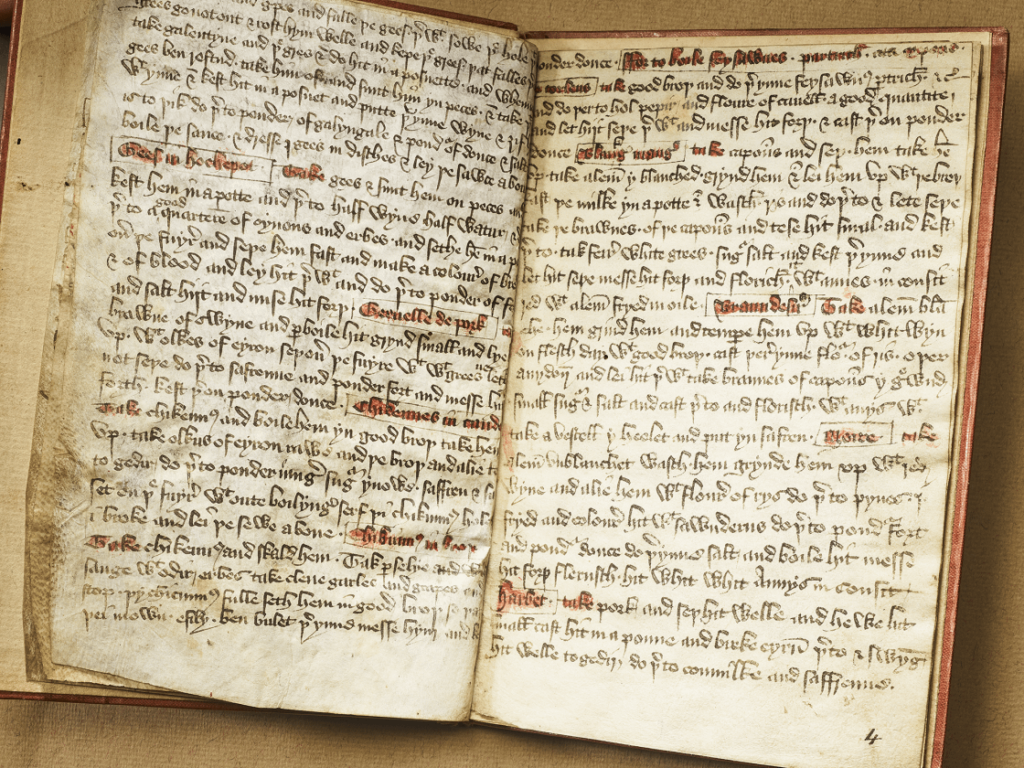 This manuscript is a collection of medieval English recipes formulated by the Master Cooks of King Richard II in 14th century England. The manuscript dates back to the 15th century and is among the oldest sources of English cookery. Now housed at the New York Public Library [1120x840]
