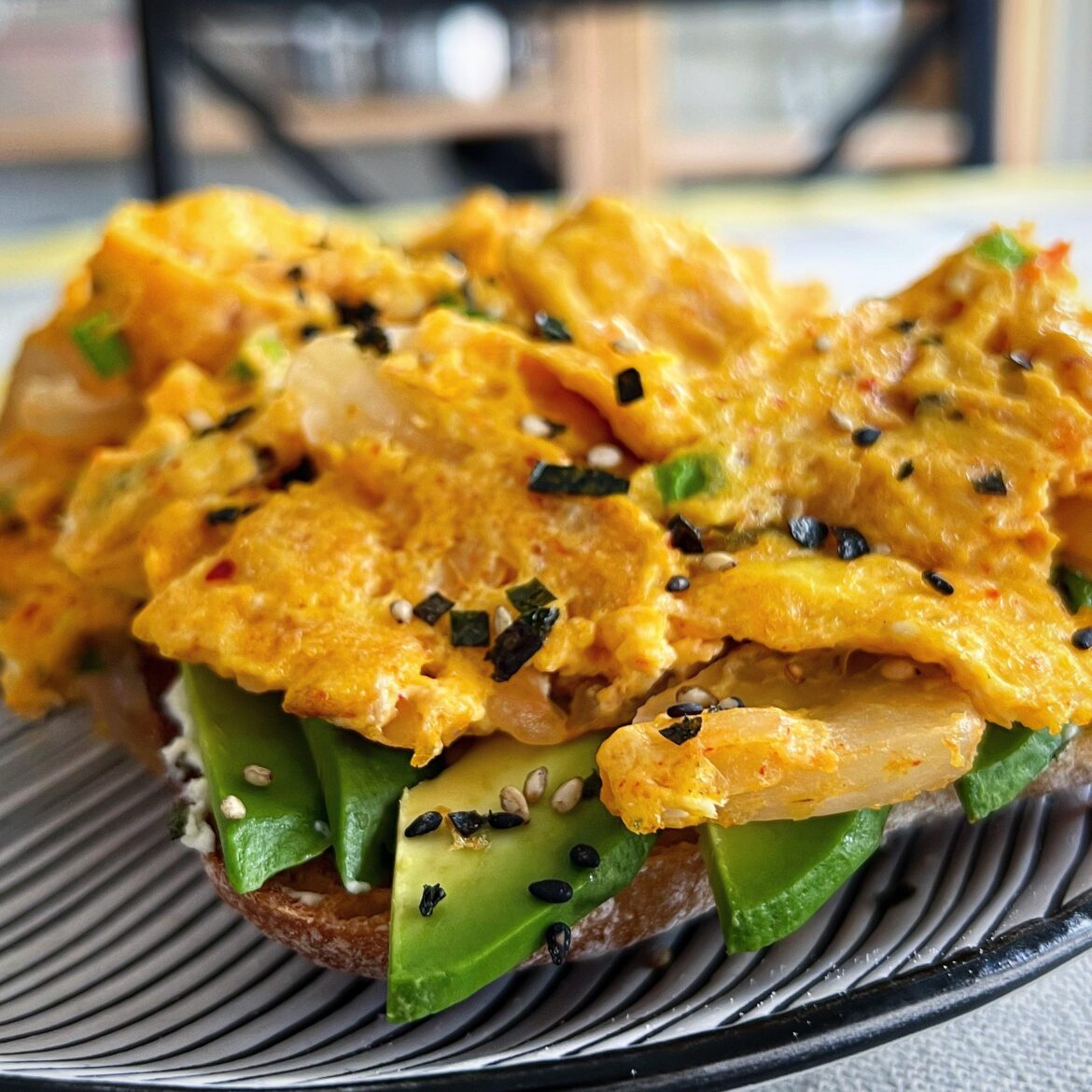 Avocado toast with kimchi scrambled egg